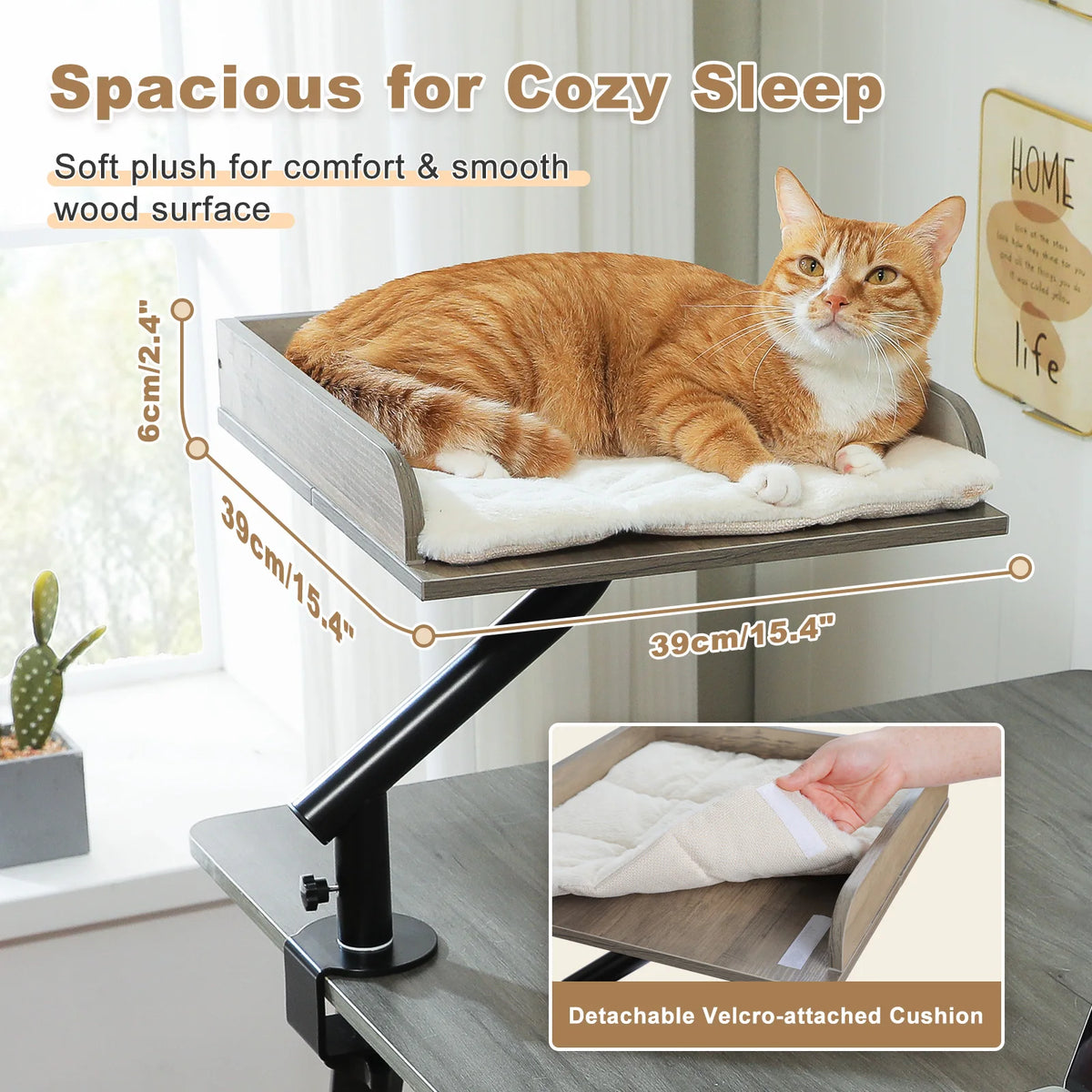 Orange tabby cat resting on a desk mounted wooden cat perch with a detachable velcro cushion