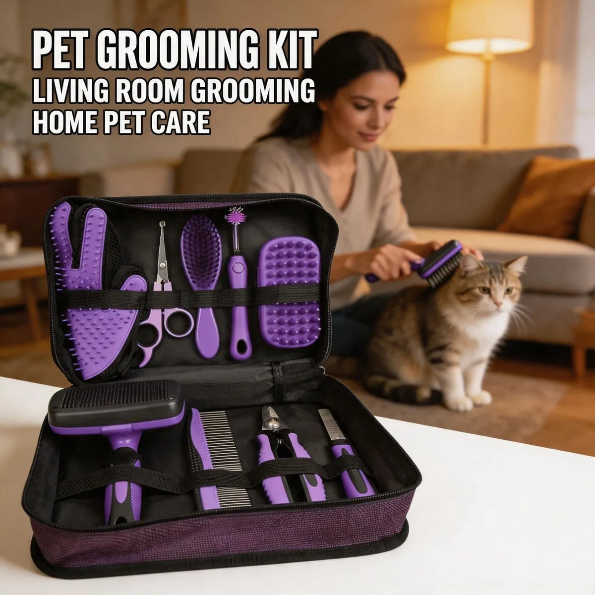 Pet grooming kit with purple brushes combs and scissors in a storage case