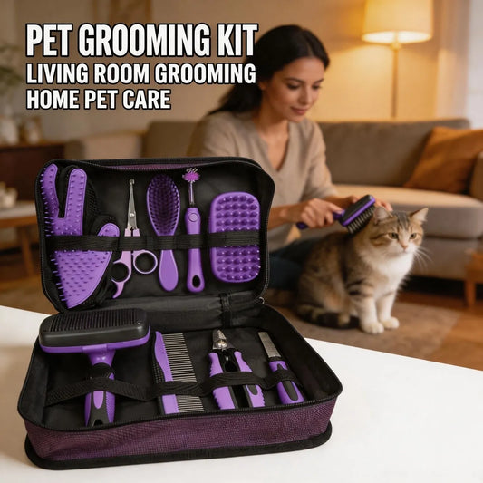 Pet grooming kit with purple brushes combs and scissors in a storage case