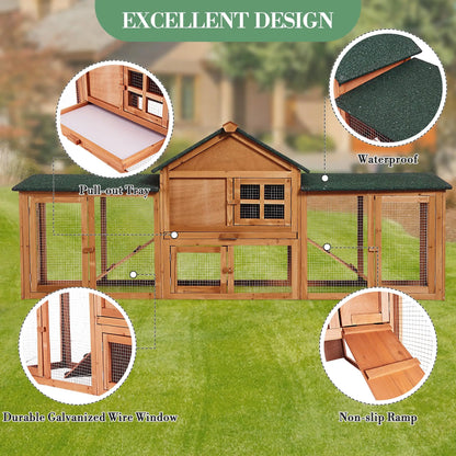 2-Story Outdoor Rabbit Hutch with Double Exercise Runs, Ramp, Pull-Out Cleaning Tray & Roof for Bunnies and Small Pets