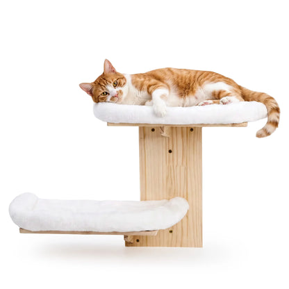 Solid Wood Wall-Mounted Cat Bed with Washable Cushion – Sturdy Corner Cat Shelf for Indoor Cats