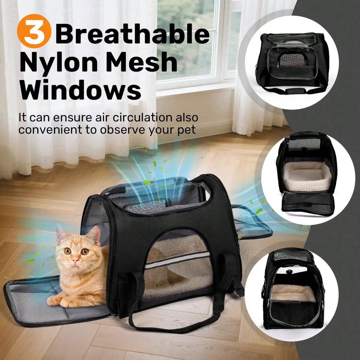 Black pet carrier with three breathable nylon mesh windows and a cat sitting inside