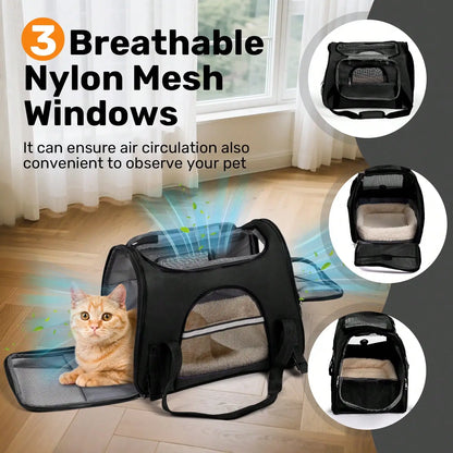Black pet carrier with three breathable nylon mesh windows and a cat sitting inside