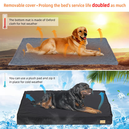 Orthopedic dog bed showing reversible Oxford cloth and plush pad sides for seasonal temperature regulation