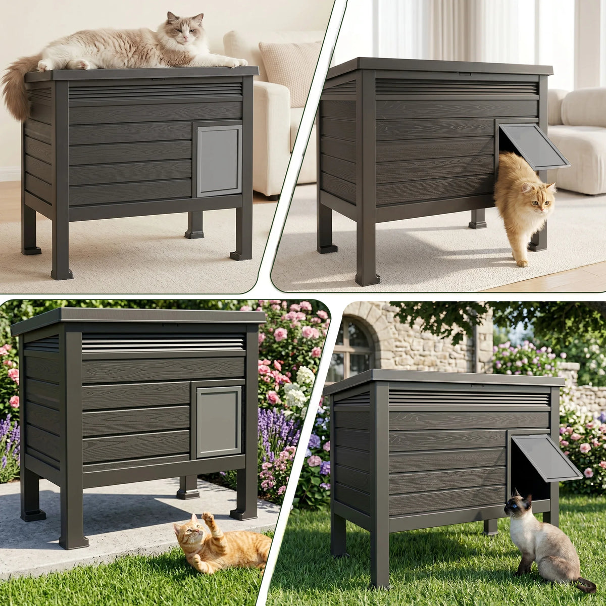 Weatherproof Elevated Outdoor Cat House – UV-Resistant Resin Shelter with Easy-Clean Opening Roof