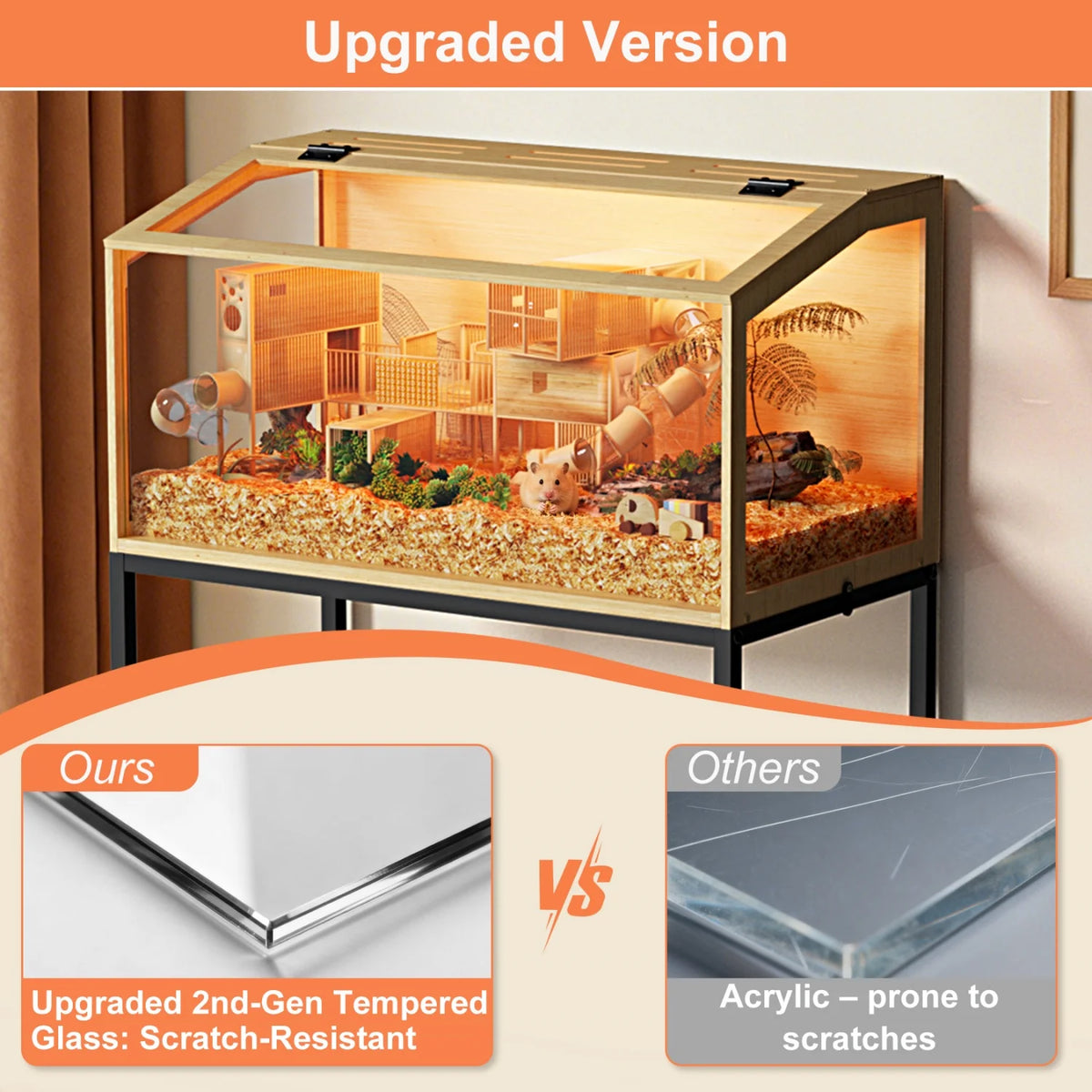 Wooden Hamster & Small Pet Habitat with Tempered Glass Panels & Built-In LED Light – 60/80/100 cm Sizes