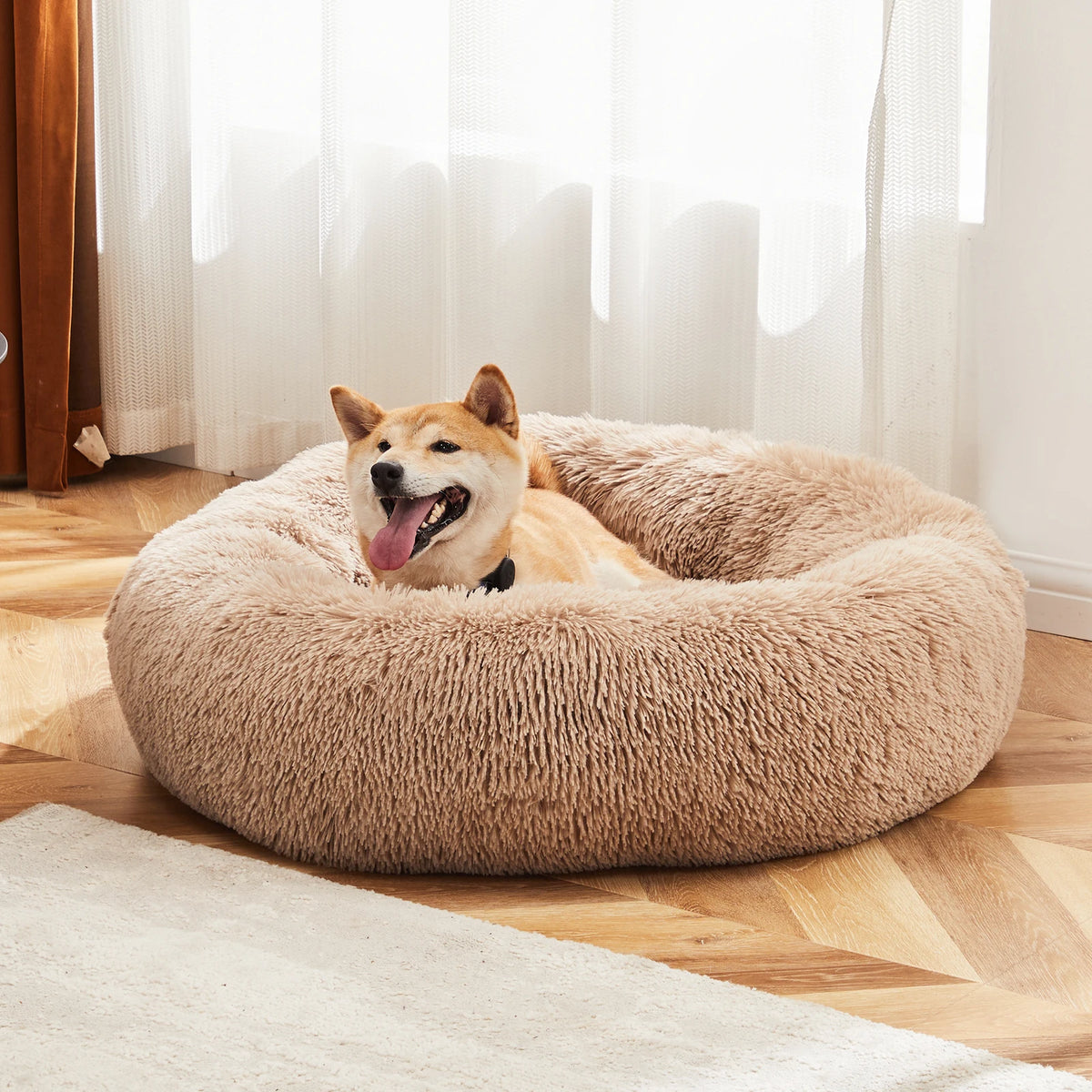 Calming Round Plush Dog Bed for Medium to Large Dogs with Anti-Slip Bottom & Washable Faux Fur Cover