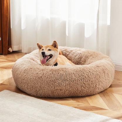 Calming Round Plush Dog Bed for Medium to Large Dogs with Anti-Slip Bottom & Washable Faux Fur Cover