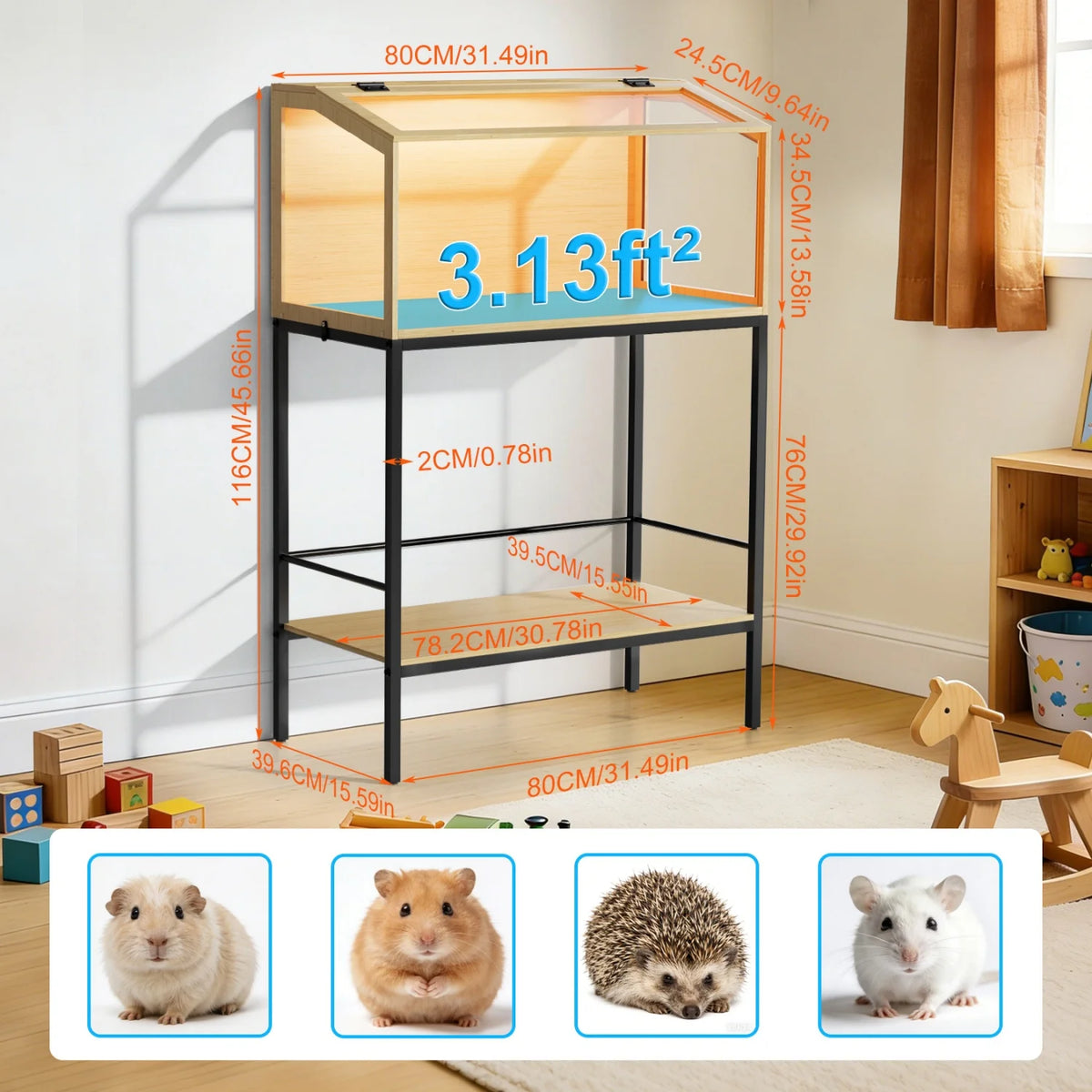 Wooden Hamster & Small Pet Habitat with Tempered Glass Panels & Built-In LED Light – 60/80/100 cm Sizes