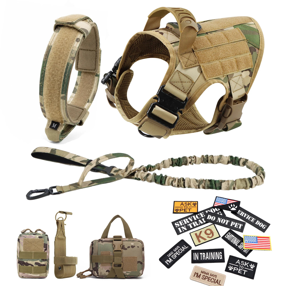 Tactical Dog Harness, Collar & Leash Set with Pouches and Patches
