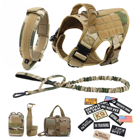 Tactical Dog Harness, Collar & Leash Set with Pouches and Patches