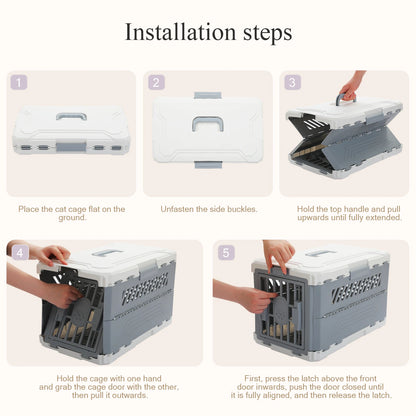 Five step installation guide for a collapsible pet carrier showing assembly from flat to fully locked