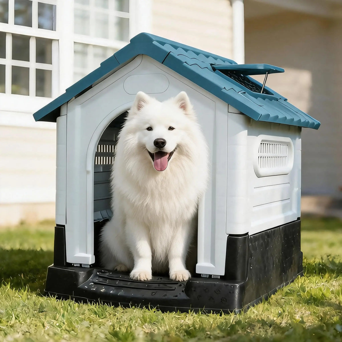 White Samoyed dog sitting inside a plastic dog house with a blue roof on a lawn