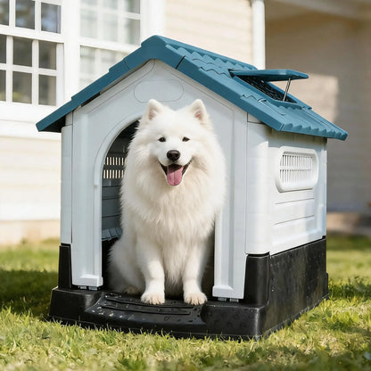 White Samoyed dog sitting inside a plastic dog house with a blue roof on a lawn