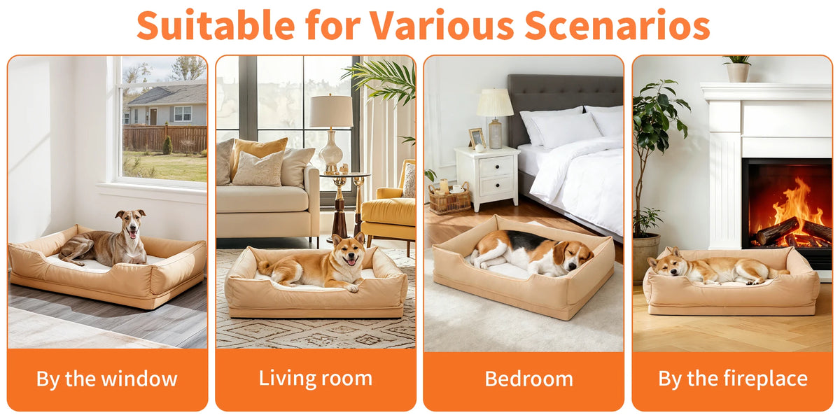 Four scenes showing a dog bed placed by a window, in a living room, in a bedroom, and by a fireplace
