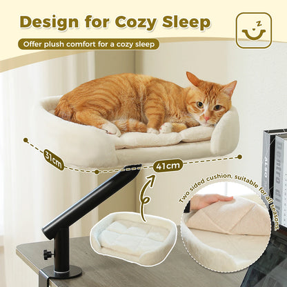Orange cat resting in a 360 rotating cat desk bed with adjustable hammock basket and reversible cushion