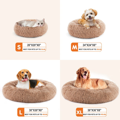 Calming Round Plush Dog Bed for Medium to Large Dogs with Anti-Slip Bottom & Washable Faux Fur Cover