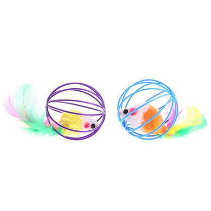 1 Pcs Cat Toy Stick Feather Wand with Bell, Mouse Cage Toys, Plastic Artificial Colorful Cat Teaser Toy, Pet Supplies Random Color Hollow Balls with Feather Tail, Kitten Chase Pounce Toy, Cat Feather Toy