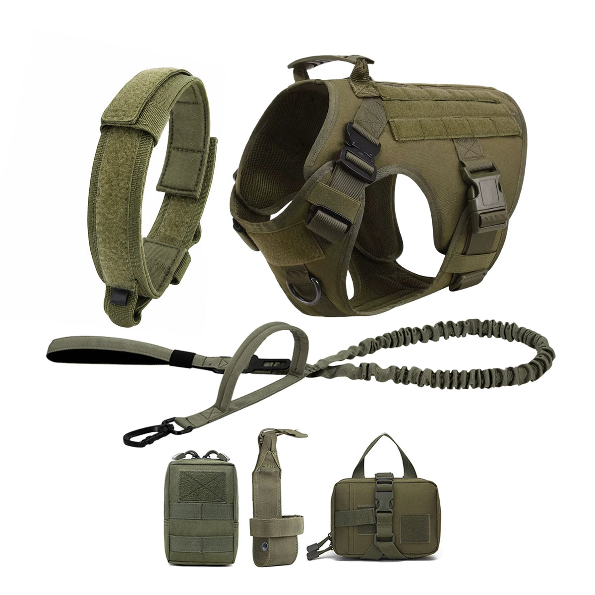 Olive green tactical dog harness set with collar leash and modular pouches