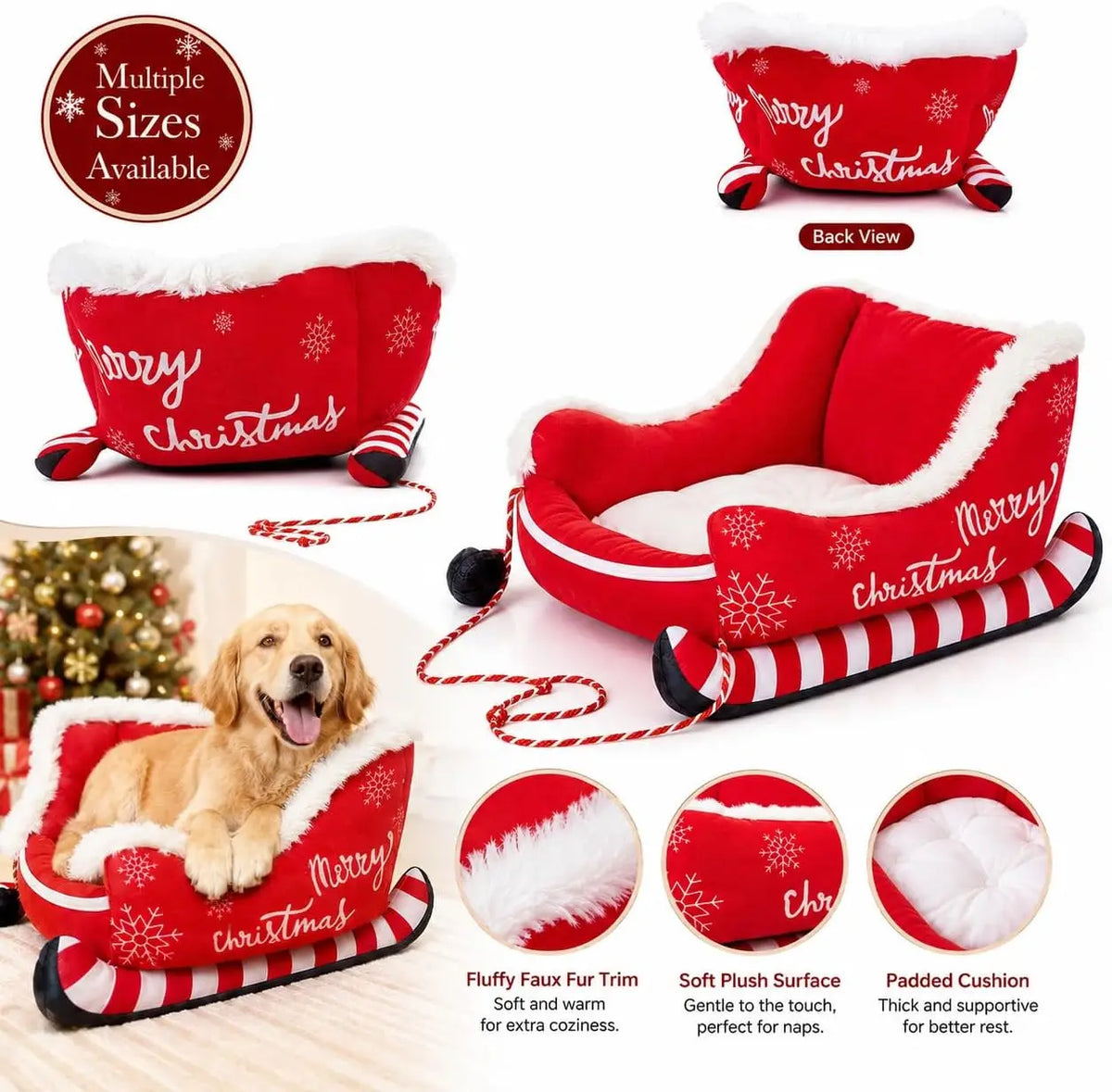 Christmas Santa Sleigh Dog Bed – Large Plush Pet Sofa with Raised Sides & Washable Design