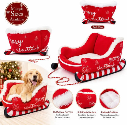 Christmas Santa Sleigh Dog Bed – Large Plush Pet Sofa with Raised Sides & Washable Design