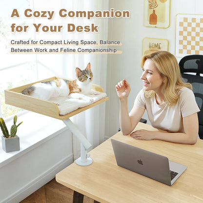 Cat resting on a wooden desk mounted cat perch next to a woman working on a laptop