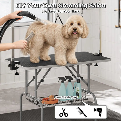 Garvee 42-Inch Foldable Dog Grooming Table – Adjustable Grooming Arm, Non-Slip Waterproof Surface & Storage Basket