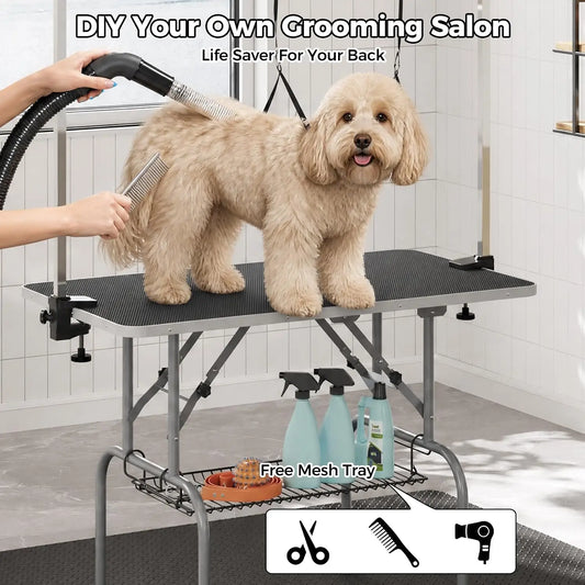 Garvee 42-Inch Foldable Dog Grooming Table – Adjustable Grooming Arm, Non-Slip Waterproof Surface & Storage Basket