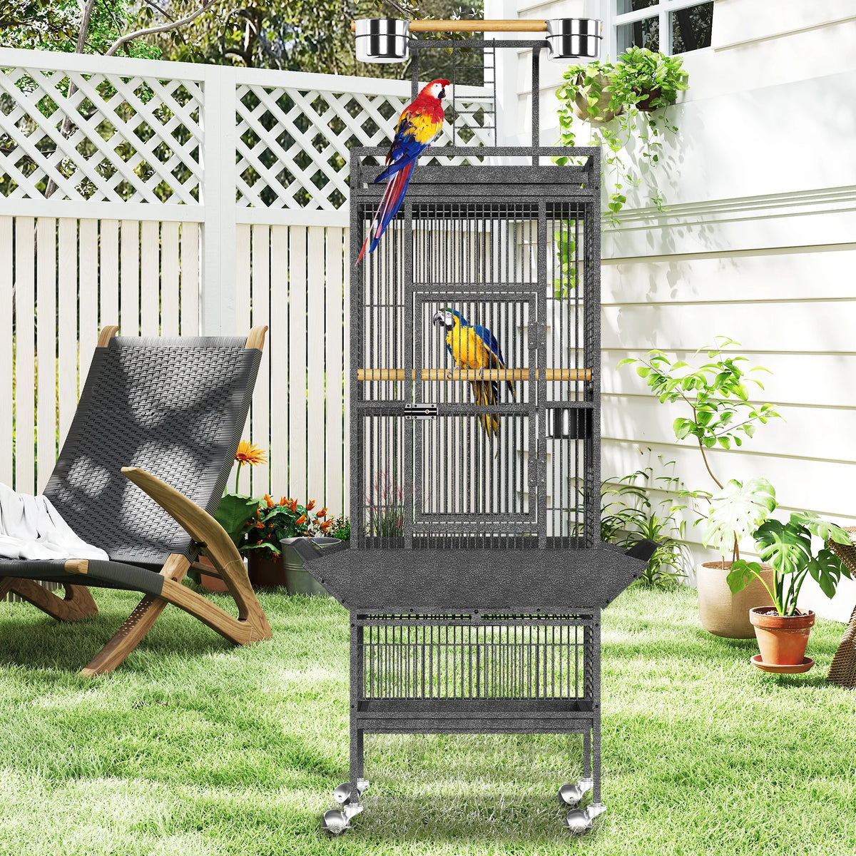 61-Inch Large Wrought Iron Bird Cage with Play Top, Rolling Stand, Perch & Feeders for Parrots, Cockatiels, Conures & Parakeets