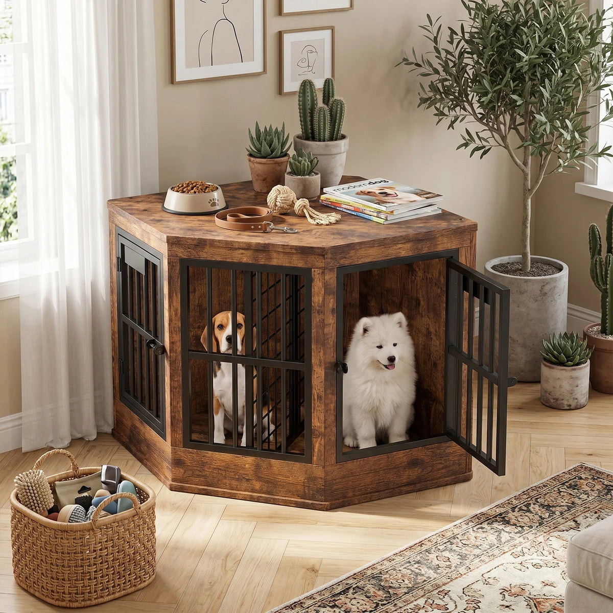 Modern Corner Dog Crate Furniture & TV Stand – Indoor Wooden Dog Kennel for Medium & Large Dogs, Brown