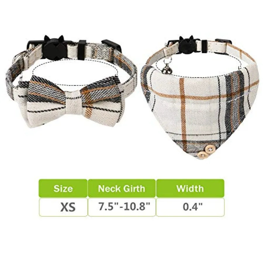 Plaid cat collar with bow tie and bandana with size chart showing XS neck girth 7.5 to 10.8 inches and 0.4 inch width