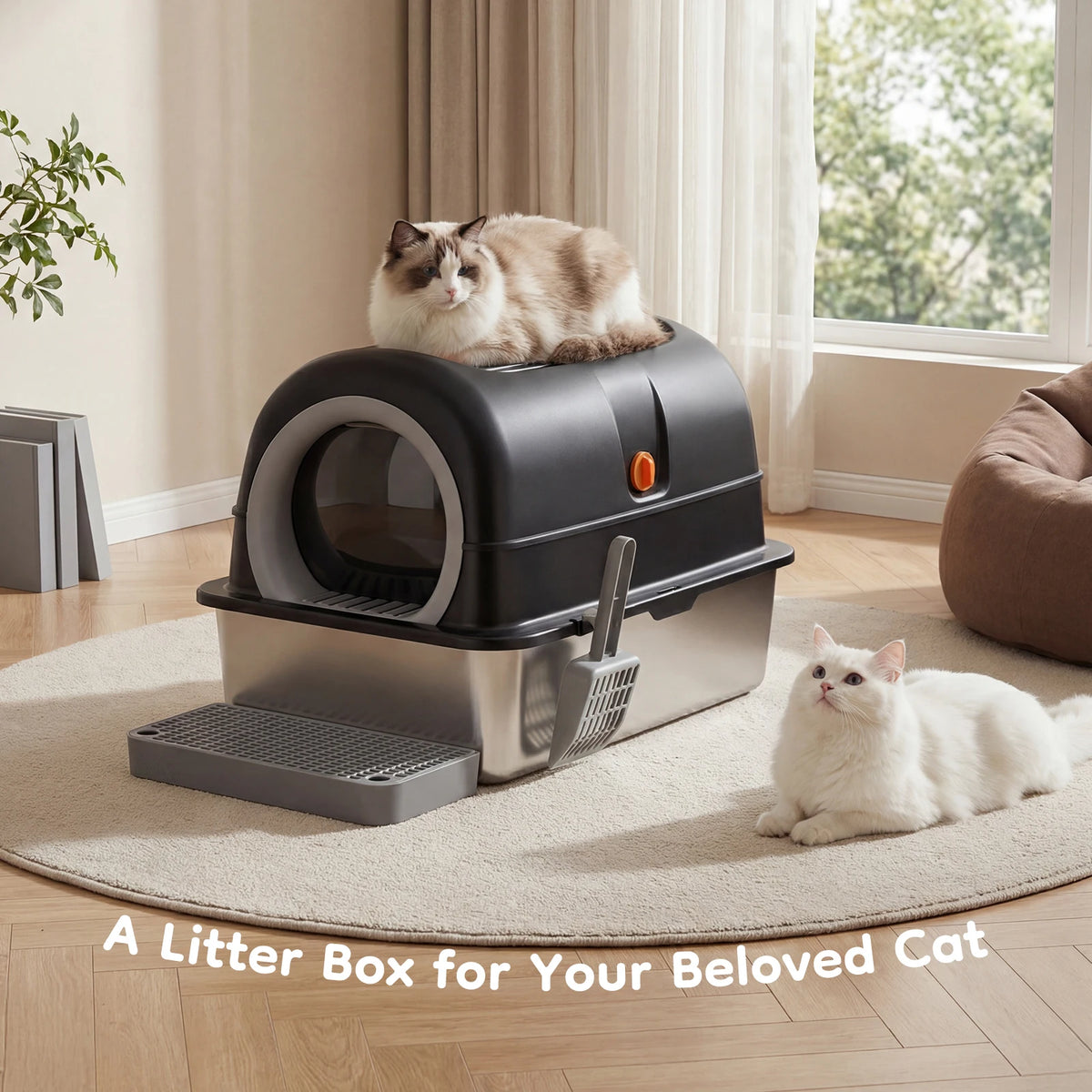 24-Inch Extra-Large Stainless Steel Enclosed Cat Litter Box with Scoop & Mat – 30L Capacity