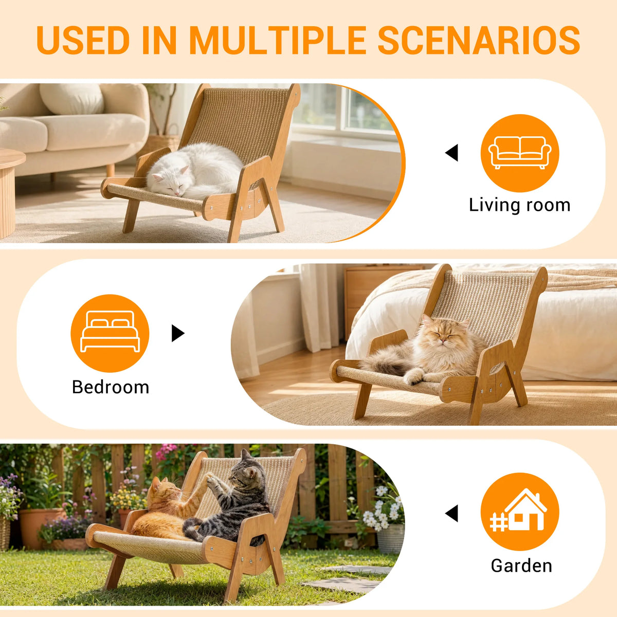 Cats resting on a wooden cat lounge chair in living room bedroom and garden settings