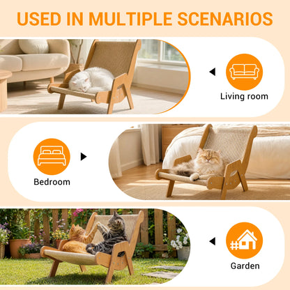 Cats resting on a wooden cat lounge chair in living room bedroom and garden settings