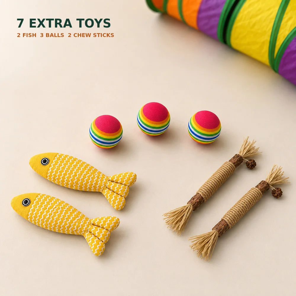 Zoe Extra-Long Cat Play Tunnel Maze – Foldable Double E-Shaped Design with Peek Holes, Pom-Poms & Interactive Toys