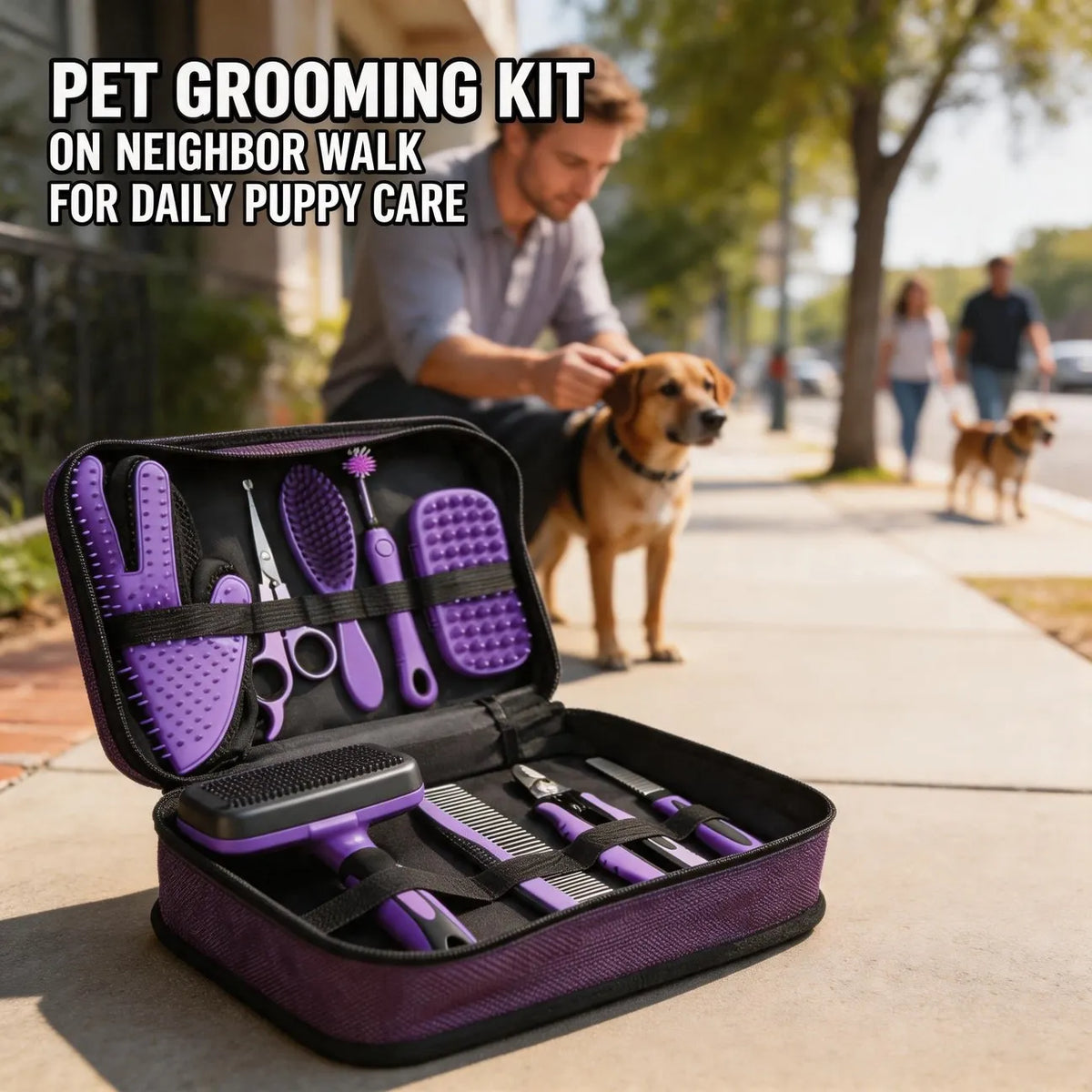 9-in-1 pet grooming kit with purple brushes, combs, and nail clippers in a black storage case