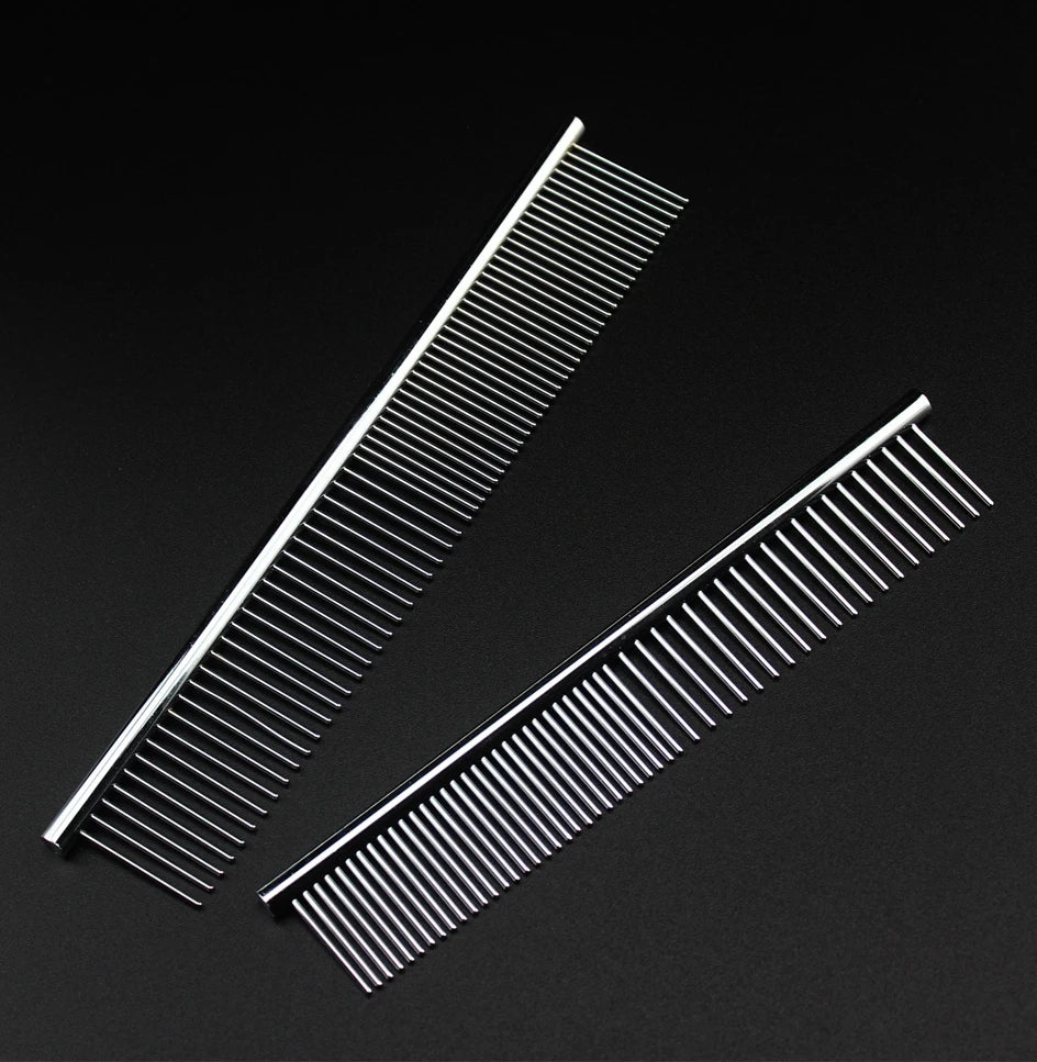 Two silver metal grooming combs with fine teeth on a black background