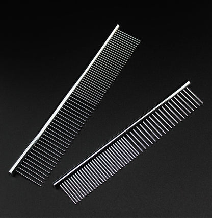Two silver metal grooming combs with fine teeth on a black background