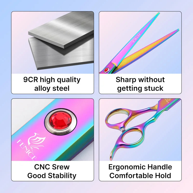 Four panel graphic showing Fenice grooming scissors features including alloy steel, sharp blades, screw, and handle