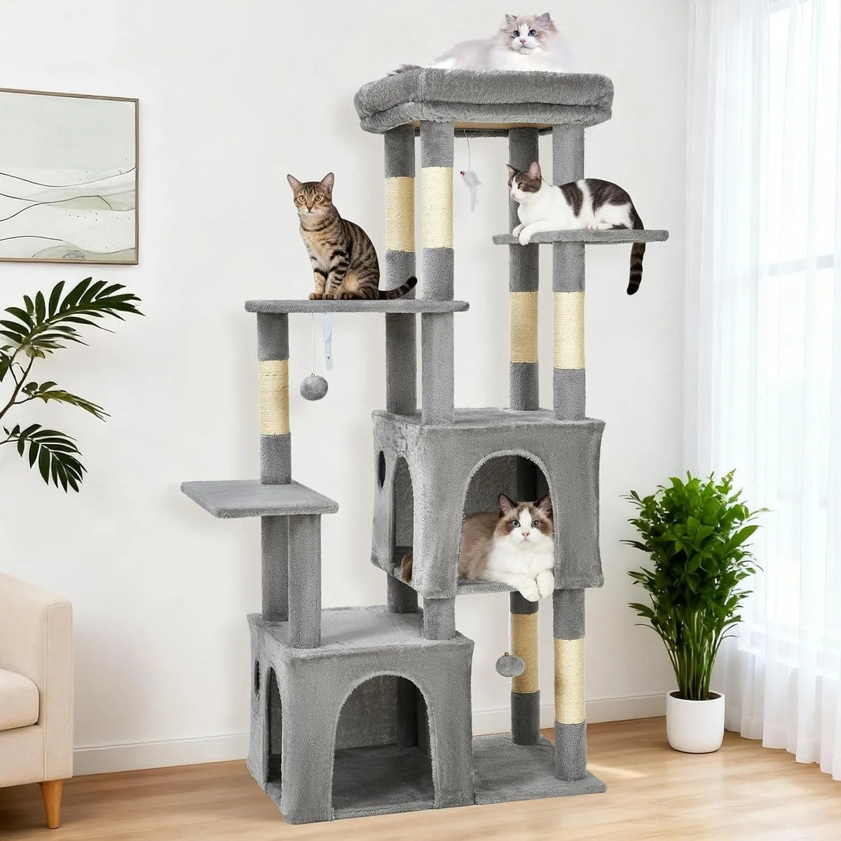 Multi-level grey cat tree with sisal scratching posts and two enclosed cat condos
