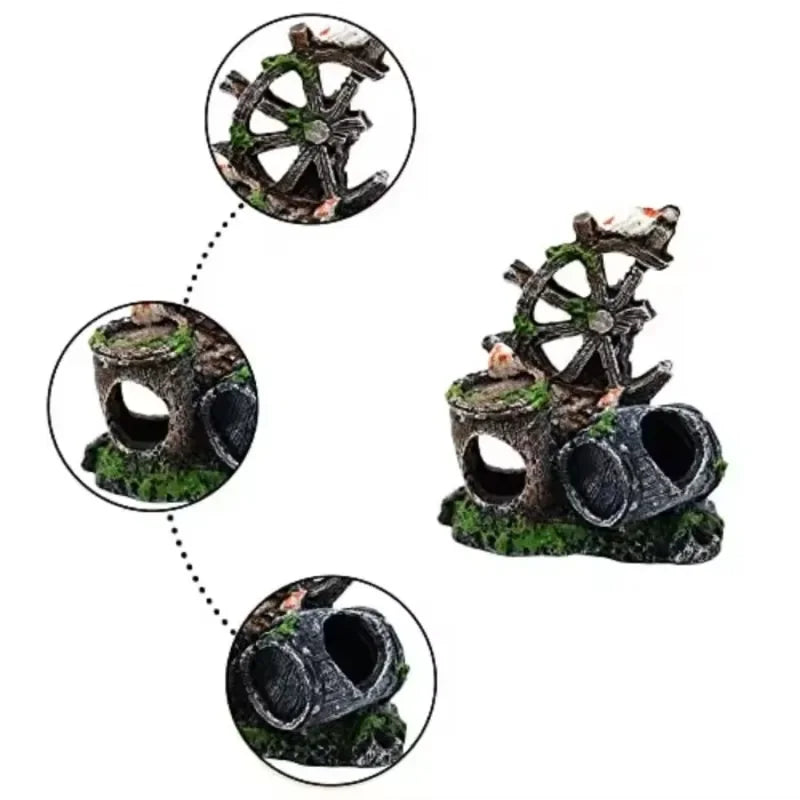 Nautical Steering Wheel & Wine Barrel Aquarium Decoration – Resin Fish Tank Ornament