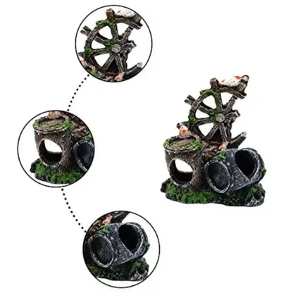 Nautical Steering Wheel & Wine Barrel Aquarium Decoration – Resin Fish Tank Ornament