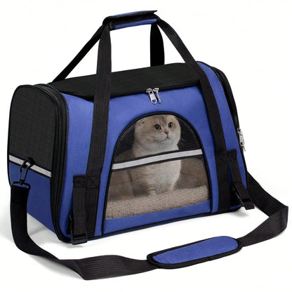 Blue pet carrier with mesh windows and a cat inside