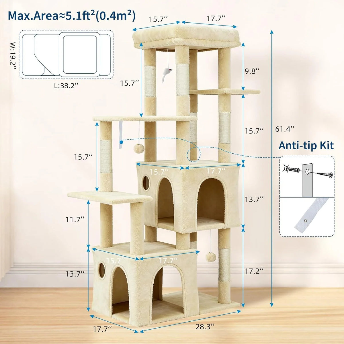 Beige multi-level cat tree with dimensions and anti-tip kit diagram