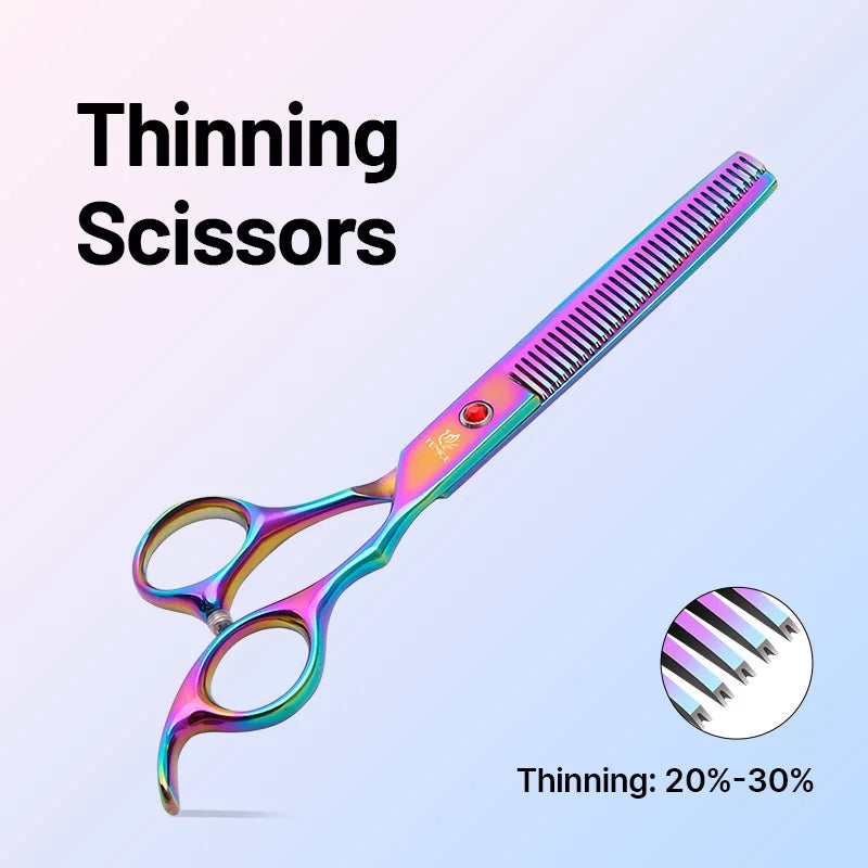 Professional dog grooming thinning scissors with rainbow stainless steel finish and red jewel screw