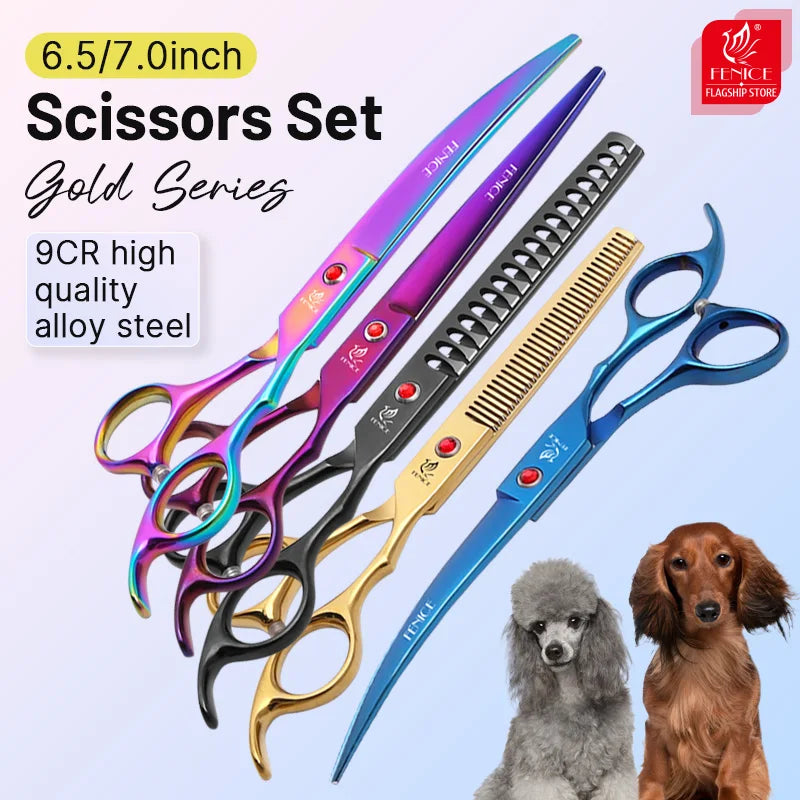 Set of four professional dog grooming stainless steel scissors in various colors