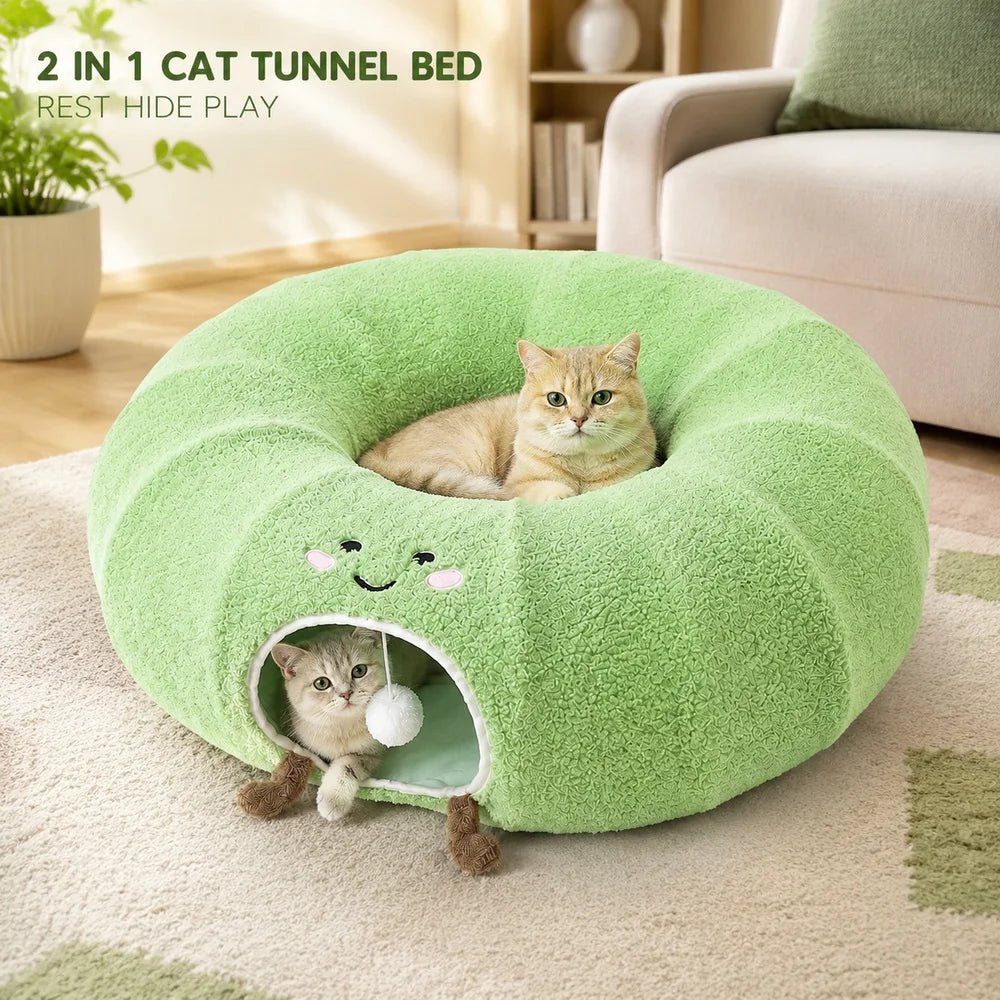 Convertible Plush Cat Tunnel & Donut Bed with Removable Cushion, Zipper Connection & Hanging Toy Ball for Indoor Cats