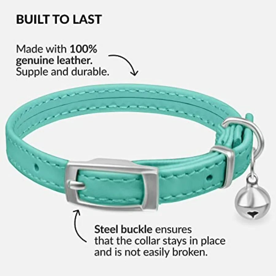 Mint Green Leather Cat Collar with Removable Bell & Safety Elastic Strap