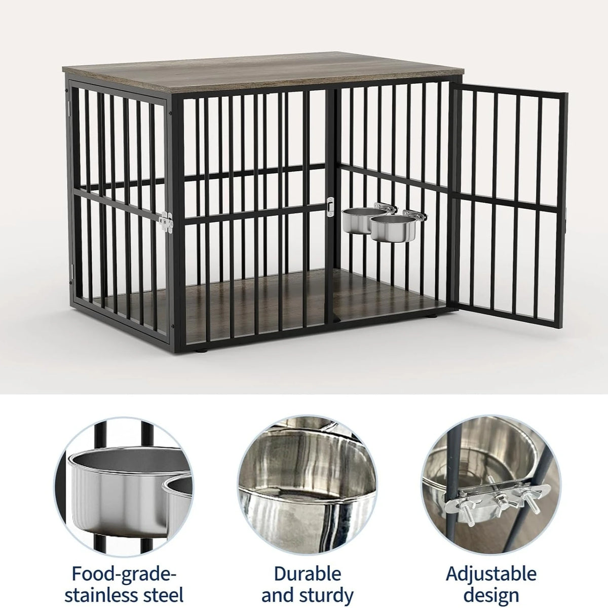 43-Inch Wooden Dog Crate Furniture with Double Doors, Removable Tray & Divider for Medium to Large Dogs