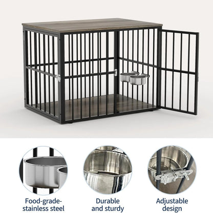 43-Inch Wooden Dog Crate Furniture with Double Doors, Removable Tray & Divider for Medium to Large Dogs